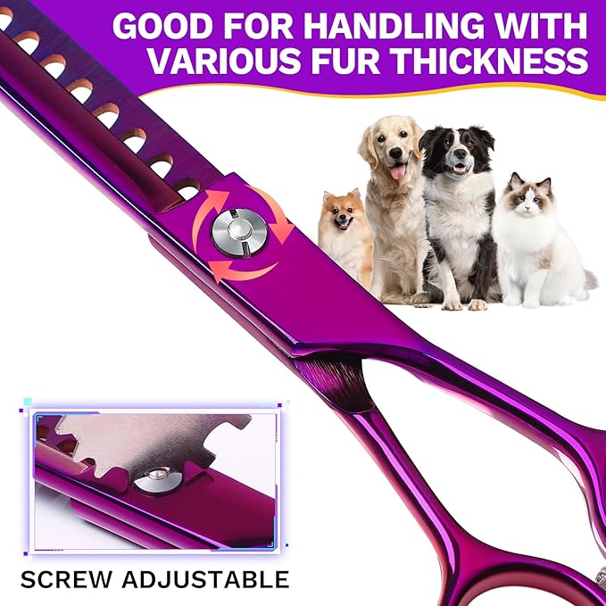 JASON 7" Dog Grooming Scissor - Professional Chunker Shear with Ergonomic Handle Japanese Stainless Steel Hair Scissor for Dogs, Cats and Other Pets, Sharp (Chunker, Purple) Christmas Gift