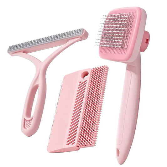Self-Cleaning Cat Shedding Grooming Brush for Small Dog Pet Short Hair Remover Set Reusable Lint Removal Tool Carpet Scraper for Clothes Couch Bedding Furniture Car Pink