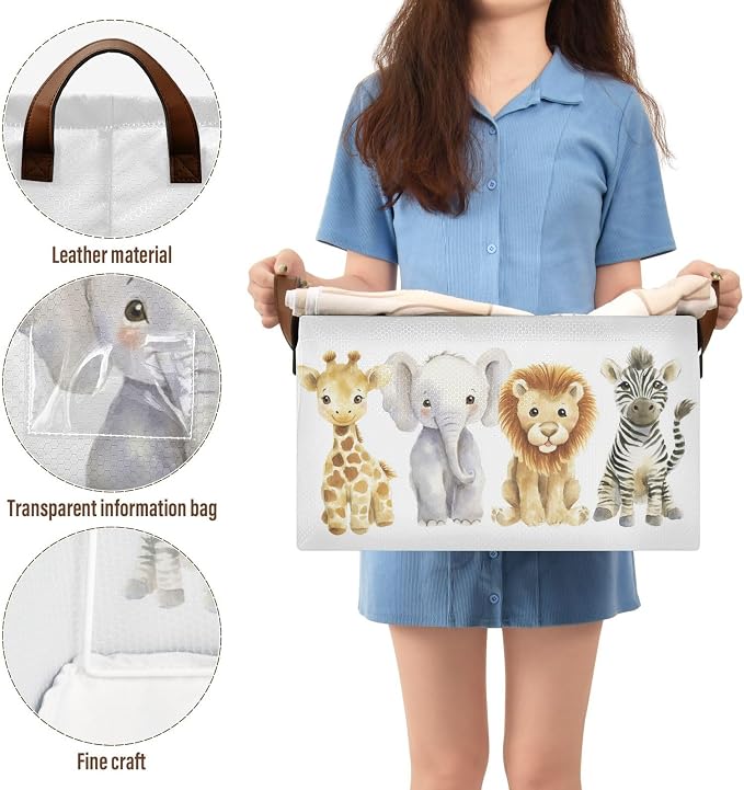 Watercolor Jungle Animal Cute Wildlife Storage Basket for Baby with Handles&Label Rectangular Waterproof Nursery Storage Bins Collapsible Organizer Baskets for Kids Cloth Gift Toys Laundry Shelf, 2 PC
