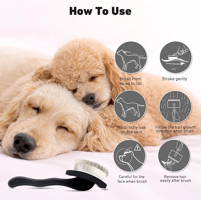 Dog Slicker Brush for Goldendoodles, Poodles & Long Haired Dogs - Long Pin Doodle Brush & Pet Comb Kit Removes Tangles Loose & Knots, Professional Grooming Tools with Wooden Handle, Black