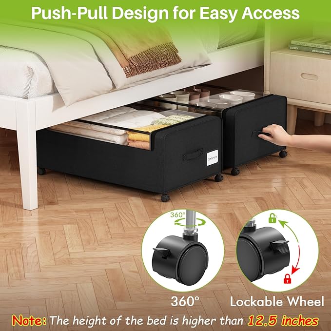 Webetop Under Bed Storage Containers with Wheels & Clear Lid 12 inch 2 Pack | Durable Construction, Smooth Movement, Hidden Storage, Bedroom Organization, Blanket And Clothing Storage, Convenient Access