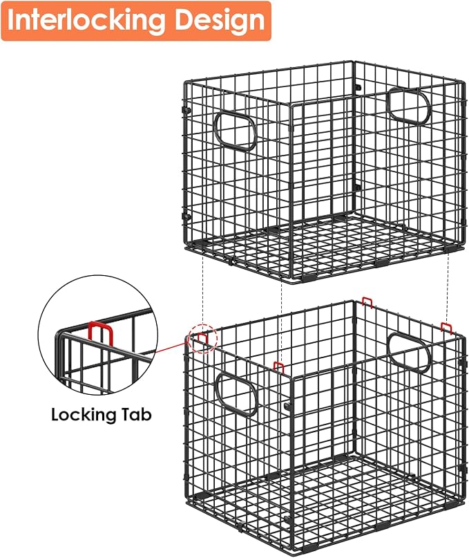 3-Pack Metal Milk Crate for Storage, Large 40qt Stackable Collapsible Storage Bins with Handle, Heavy Duty Storage Baskets for Shelves, Folding Basket Organizer for Car, Garage, Home, Camping, Office