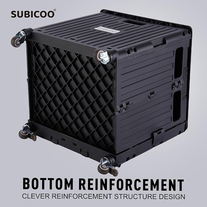 SUBICOO Folding Utility Cart Portable Rolling Crate Handcart Shopping Trolley Collapsible Tool Box, with Lid, on 4 Rotate Wheels, for Grocery, Shopping, Office, Teacher, Camp(Black)