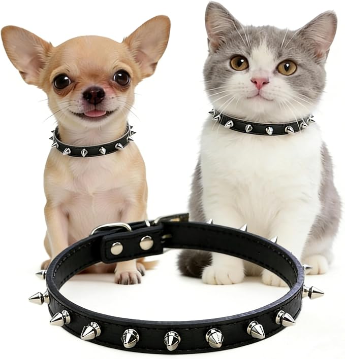 Enjoying Spike Cat Collar, Spiked Dog Collar for Extra-Small to Small Dogs, Anti-Bite Studded Protective, Faux Leather Spiky Collar with Metal Rings for Hold Pet Tags/Leash, Adjustable, Black, XS