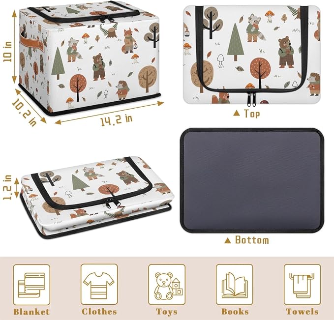 Wolf Bear Hedgehog Storage Baskets - Cute Animal Plants Bin Collapsible Organizer Cube with Zipper Lid, Mushroom Leaves Tree Box with Handles for Home Bedroom Office, 24L