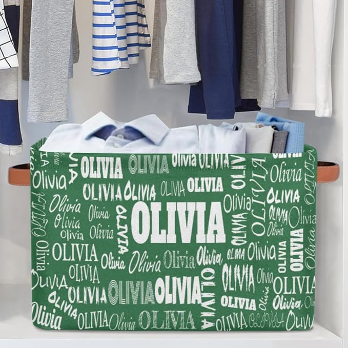 Custom Name Storage Basket for Bedroom, Bathroom, Deep Green Color | Organizing Boys Girls Pets Toys Closet Shelf Clothes Books