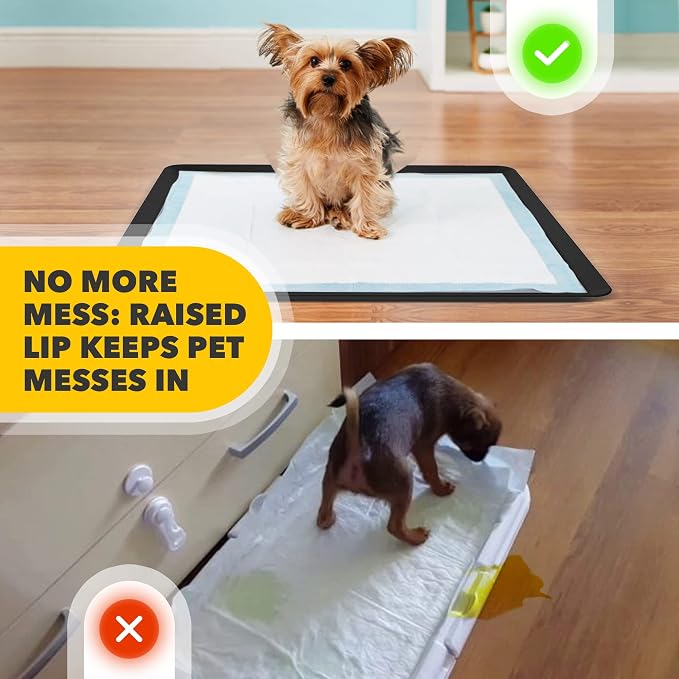 Dog Pee Pad Holder - Fits Up to 24” x 24” Pee Pad - 1 Pack - Black | Stable Grip, Raised Edges, Quick-Wipe Silicone Surface Dog Potty Tray Holder for Indoor Flooring Protection