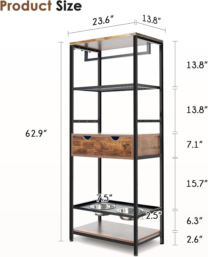 Dog Feeding Station with Adjustable Raised Bowls, Pet Feeder Rack, Drawer Shelves Hooks Organizer, Stainless Steel Dishes for Canine Food Water, Indoor Furniture Style Dining Storage Stand