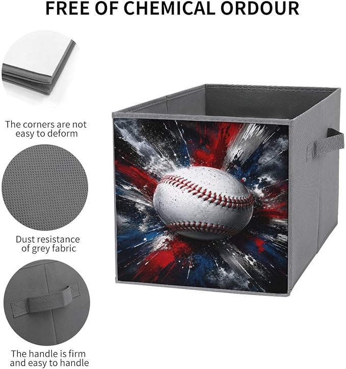 Baseball Explosion Art Design Storage Bin with Handles, Oxford Fabric Foldable Storage Cube Organizer for Clothes, Towels, Bedroom, Living Room, Home Organization