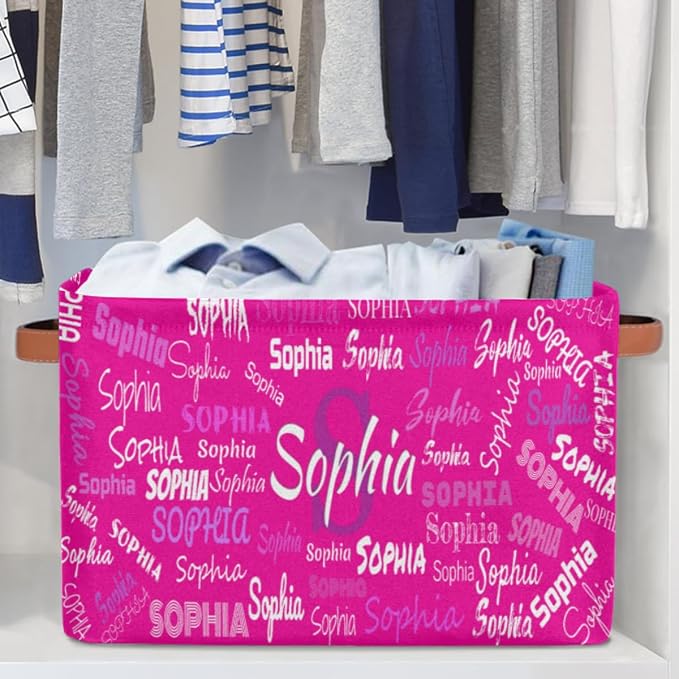 Personalized Name Storage Basket with Handles, Canvas Storage Bins Toys Clothes Organizer for Bedroom, Kitchen, Bathroom, Nursery, Shelves, Closets, Deep Pink Background
