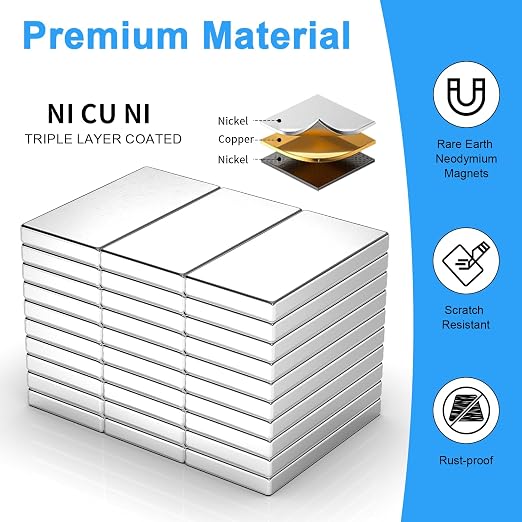 30 Pack 20x10x2 mm Rare Earth Neodymium Magnets | Powerful Small Strong Metal Rectangular Bar Magnetic Strip Magnet for Fridge Garage Kitchen Science Craft Office, Silver