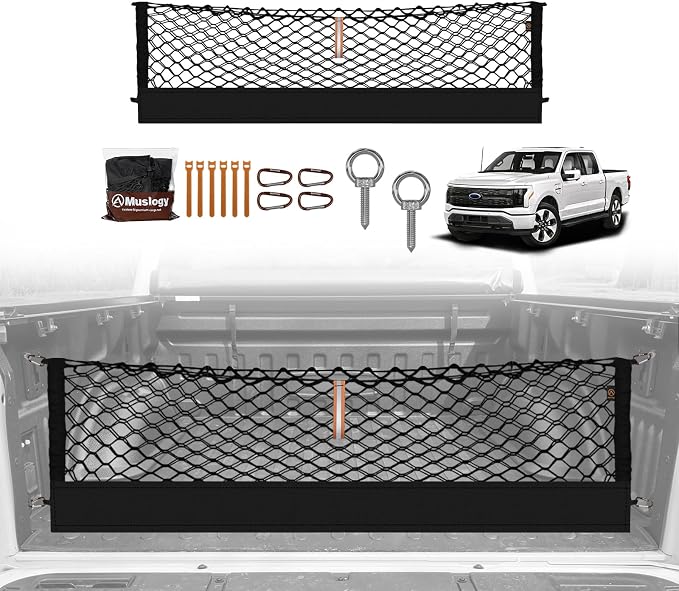 Muslogy Cargo Net for 2015-2026 Ford F-150 & Lightning Accessories | Custom Fit, Truck Bed Storage Organizer Net for Pickup Truck Bed Divider, Heavy Duty Carabiners, Night Visible Grab Handle