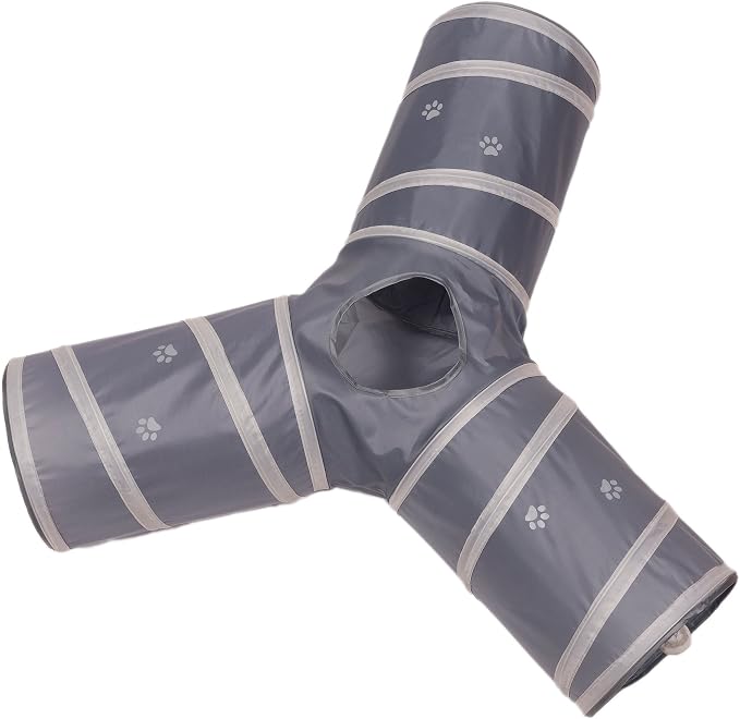 Cat Tunnel - Collapsible 3 Way Play Toy - Tube Fun for Rabbits, Kittens, and Dogs - Grey