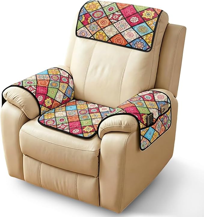 4PCS Quilted Recliner Slipcovers with Arms Mandala Patchwork | Recliner Chair Covers Floral Print Non-Slip Flower Furniture Protector for Armchairs Leather Recliners, Machine Washable
