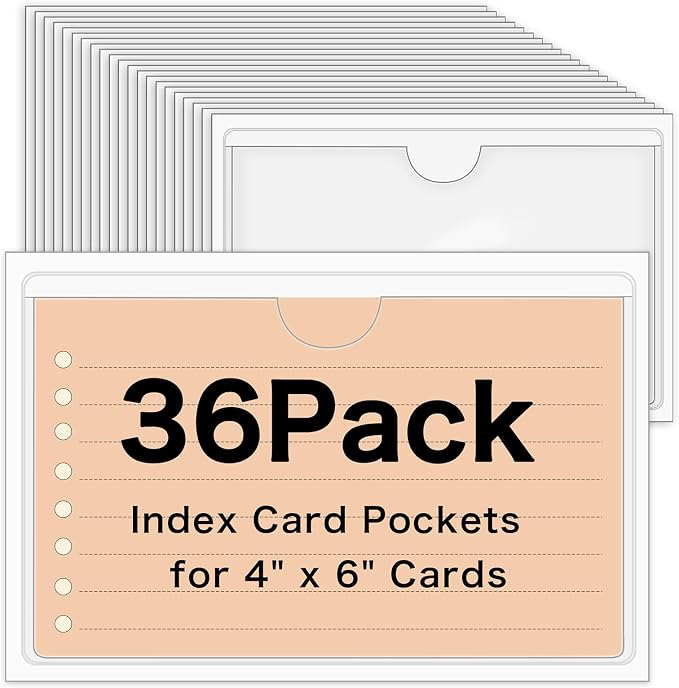 36 Pack Adhesive 4" x 6" Index Card Pockets Clear Plastic Labels Holders | PVC clear pockets, top opening, strong adhesive, fits bins shelves totes, for labels cards photos and organizing