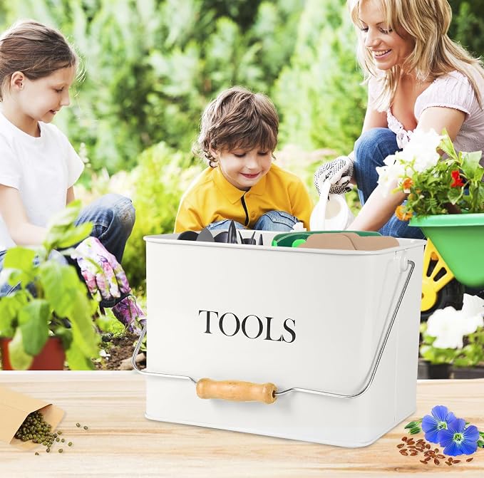 Garden Tool Organizer - Metal 3-Compartment Caddy With Handle, Indoor/Outdoor Use - White