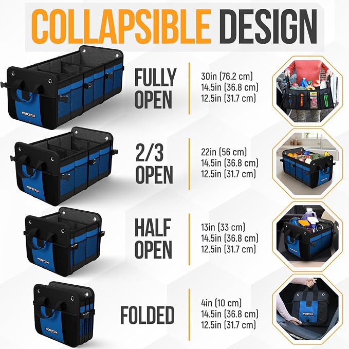 FORTEM Trunk Organizer - Collapsible Car Organizer & Storage Bag for SUVs | Car Accessories for Men & Women, Cooler Bag, Non Slip Bottom, Straps, Soft Cover, 1680D Oxford, 6 Compartments, Blue, 110L