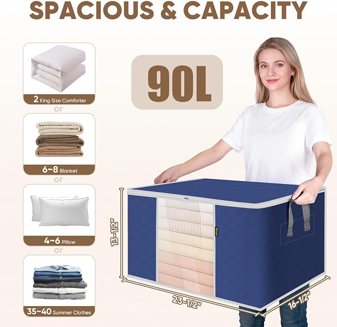 BALEINE 6 Pack Clothes Storage Bags, 24 Gallon Storage Containers with Reinforced Handle, Sturdy Zipper, Closet Organizer for Blanket, Comforter, Pillow, Bedding (Blue, 6 Pack)