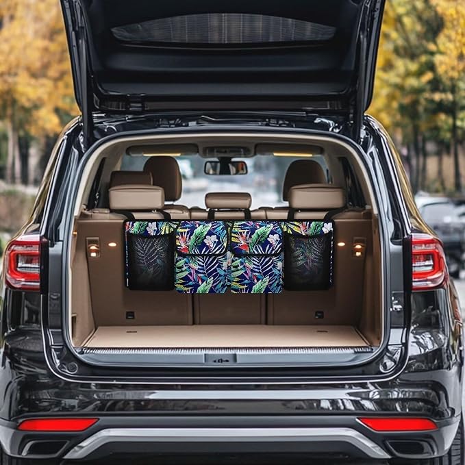 Tropical Leaves Car Trunk Organizer Hanging Car Back Seat Storage Bag with 4 Large Pockets Multipurpose Collapsible Storage Bag Automotive Interior Accessories