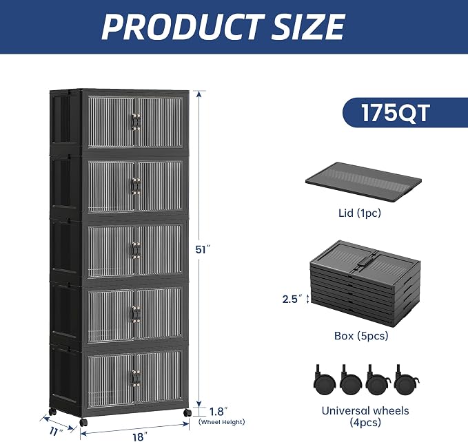 SAILUN 175Qt Stackable Storage Bins,Storage Cabinet with a Lid,5 Pack Black