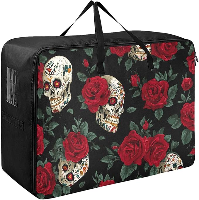 Comforter Storage Bags Large Folding Blanket Organizer Bag with Strong Handles Clear Window Closet Storage Containers for Clothes King Queen Pillows Bedding Quilt Duvet Black Skulls Roses Elega