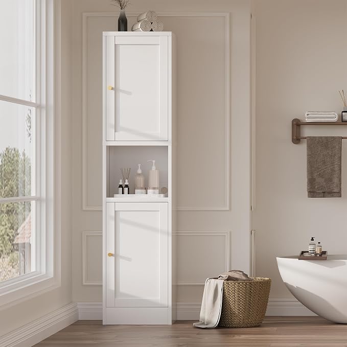 67" H Tall Bathroom Cabinet,Narrow Pantry Cabinet,Tall Narrow Bathroom Storage Cabinet, Metal Cabinet, White Floor Cabinet,Skinny Storage Cabinets with 4 Adjustable Shelves