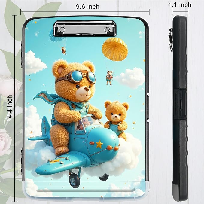 A4 Clipboard with Storage Pen Holder, Clipboards Organizer Nursing Clipboard Foldable File Folder Plastic Clipboard Folio Clip Board for Office Work Classroom Doctor, Airplane Bear
