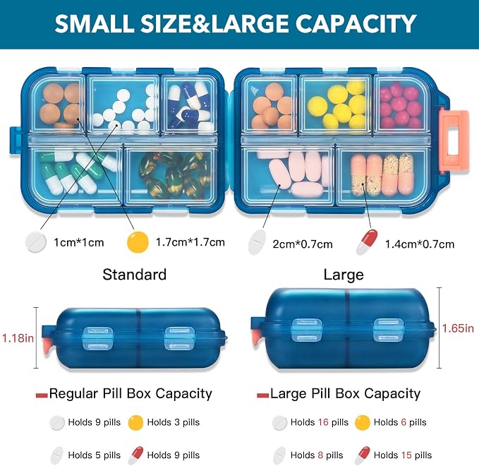 Large Pill Organizer with 189 Medicine Labels, 10 Compartments Pill Case Compact Portable Travel Pill Box for Airplane Car Purse Nurse Vacation Essentials (Green, 1 Pack)