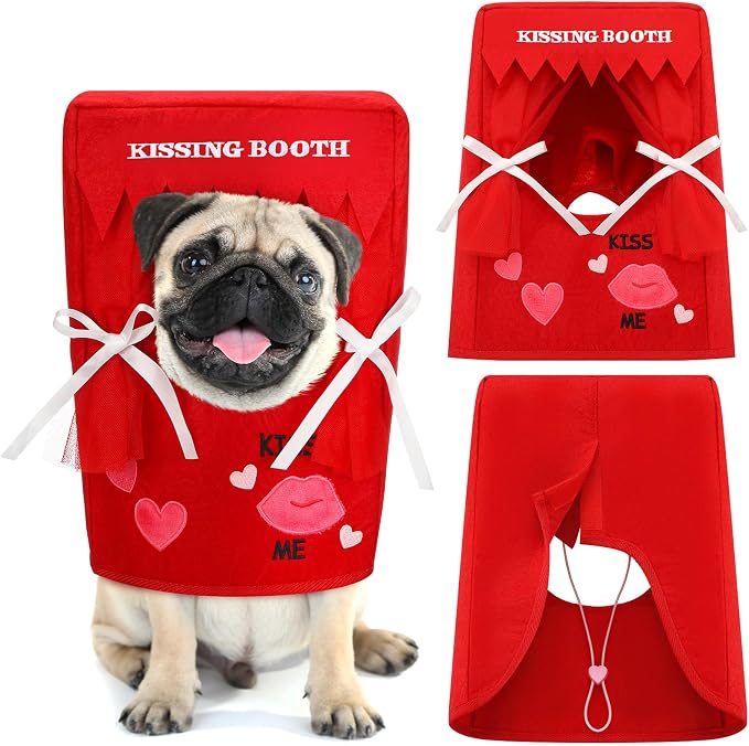 Hallowen Dog Kissing Booth Costume Headpiece for Pets, S/M | Hallowen Pet Headwear for Dogs Cats with Red Fabric Hearts, Valentine Party Birthday Photo Prop, Fun Costume Gift for Pups