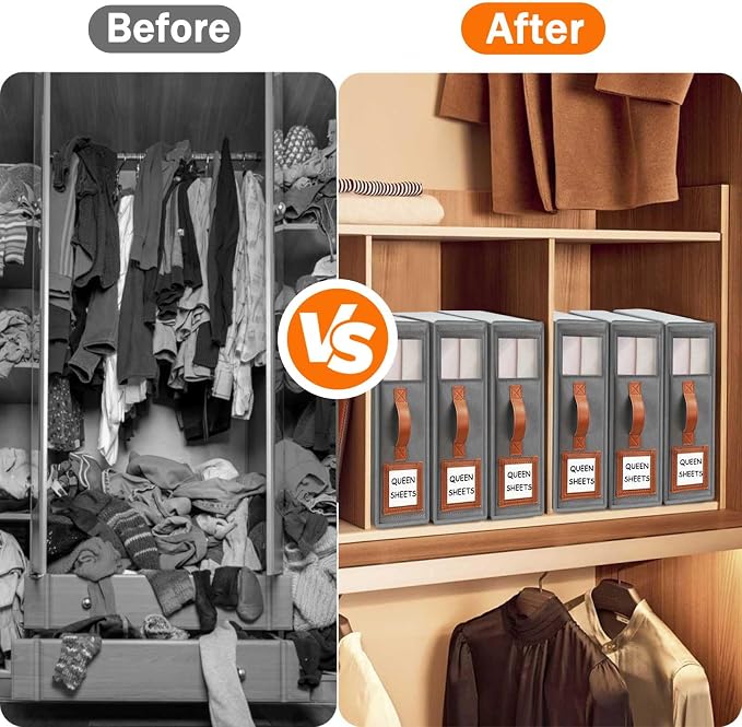GhvyenntteS 12 Pack Bed Sheet Organizers and Storage, Sturdy Bed Sheet Organizer with Zipper and Handle, Foldable Linen Closet Organizers and Storage with Window and Label, Grey