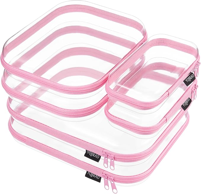 YQBRAO Clear Hard Shell Zipper Cases, 6 Multi-Size Organizers, Pink | Rigid clear shells in three practical sizes organize toiletries, cosmetics, cables, stationery and household essentials