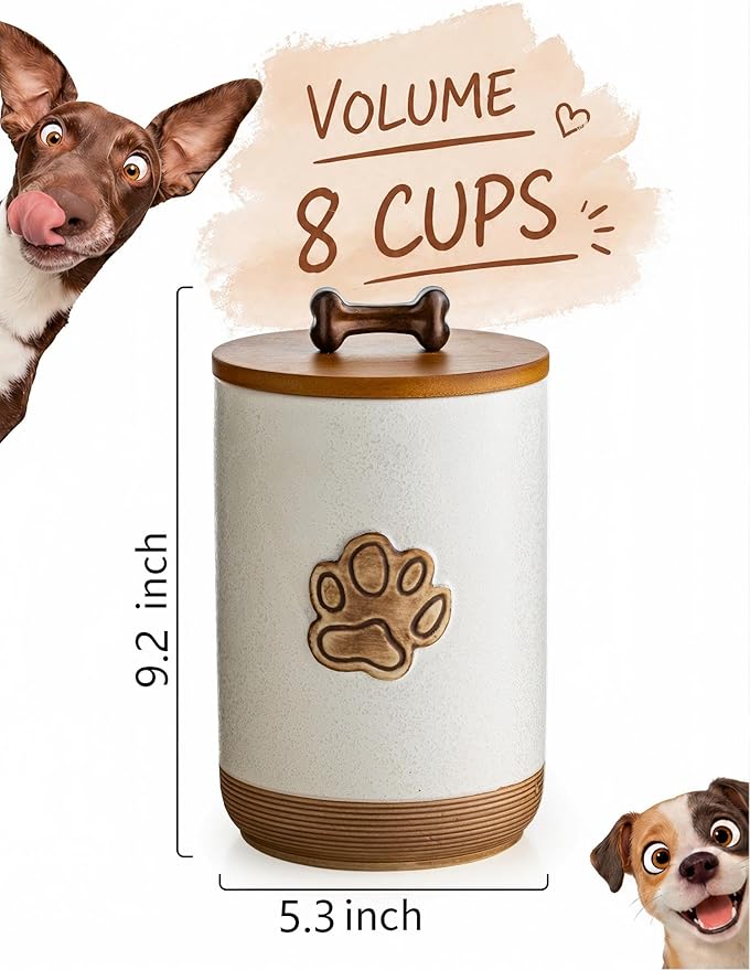 Miamolo Dog Treat Container Airtight Jar with Lid, Keep the Pet Treat Fresh | 8 Cups Small Dog Food Storage Container for Counter | Ceramic Farmhouse Dog Biscuit Jar | Dog Lovers Gift, Paw Glinting White