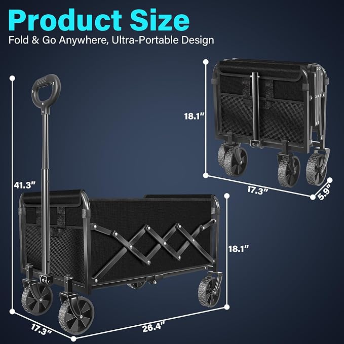 Collapsible Wagon Cart with Wheels, Compact 360 lb Folding Cart, Jet Black | Portable utility wagon for groceries, shopping, camping, garden, sports, picnics, laundry, apartment errands and small hauls