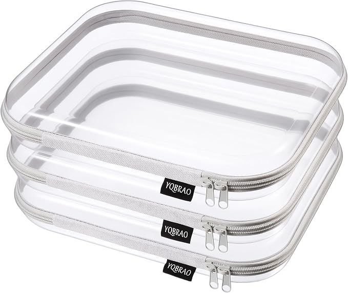 YQBRAO Clear Hard Shell Zipper Cases, 3 Large Travel Organizers, Grey | Rigid 1.2 mm PET and YKK dual zippers for full-size toiletries, makeup palettes, electronics and craft supplies