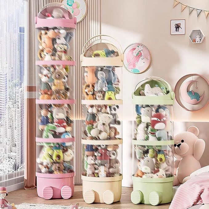 Clear Storage Tube Organizer, Vertical Stuffed Animal Display Container with Pull Button, PET Storage Tower for Plush Collection and Home Organization (GNB, 51.18 in)