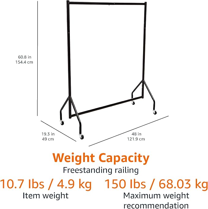 Amazon Basics Heavy Duty Portable Rolling Garment Rack, Hanging Clothes Organizer Rail for Display and Storage, Easy to Assemble, 19 x 60 x 48 inches, Black