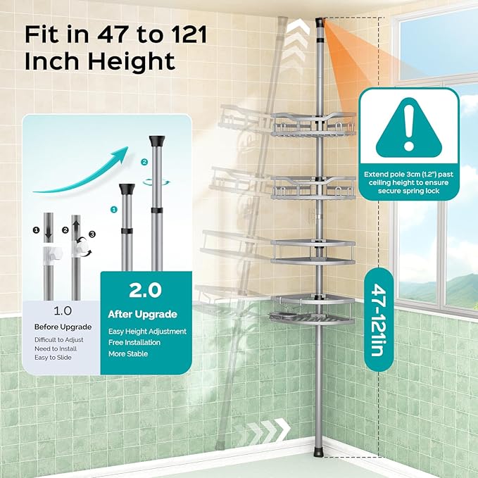 HAMITOR Corner Shower Caddy Tension Pole: Rustproof 4-Tier Bathroom Organizer Shelves for Bathtub Shampoo Storage - 47-121 Inch Quick Install Adjustable Rod Standing Rack with Soap Rack - Silver Gray | Rustproof Organizer 4-Tier Shelves , 47-121 In Rod...