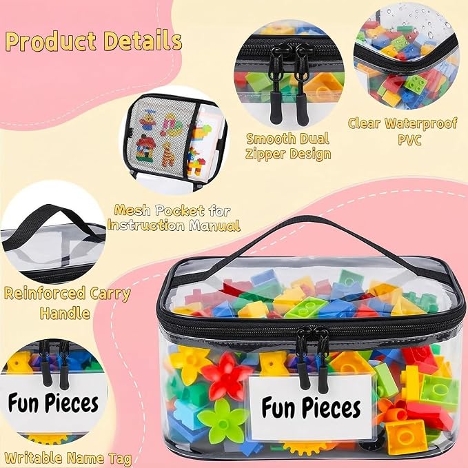 6 Pack Clear Toy Storage Bags, Kids Toy Organizer with Zipper | Waterproof PVC, Large Capacity for Puzzles, Blocks & Board Games, Easy Sorting with Labels