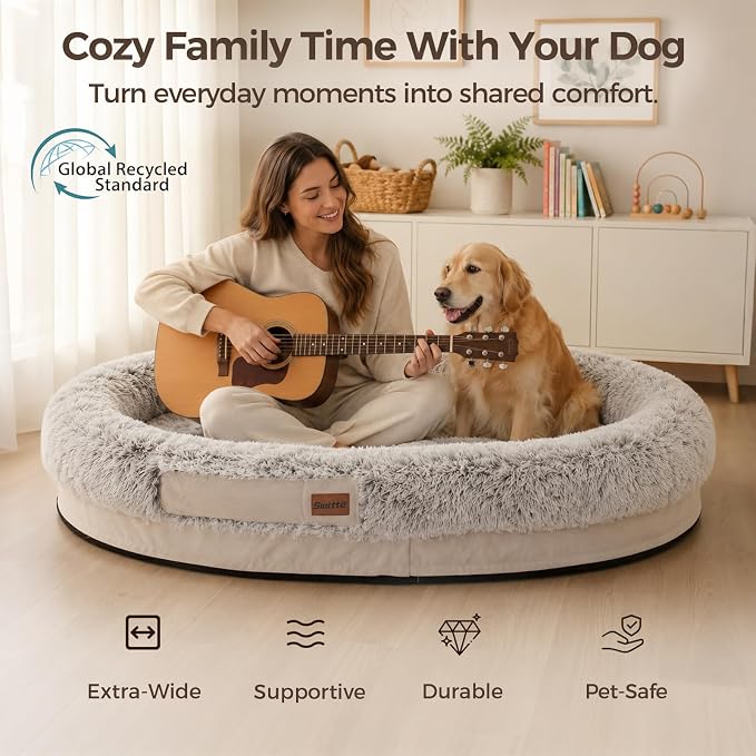 Human Dog Bed for Adult, 71"x48" Large Pet Dog Bed, Light Grey | Adult Dog Bed for Humans with Pillow & Blanket, Fluffle Cloud Dog Bed with Orthopedic Foam Bolster, Durable Zipper, Portable