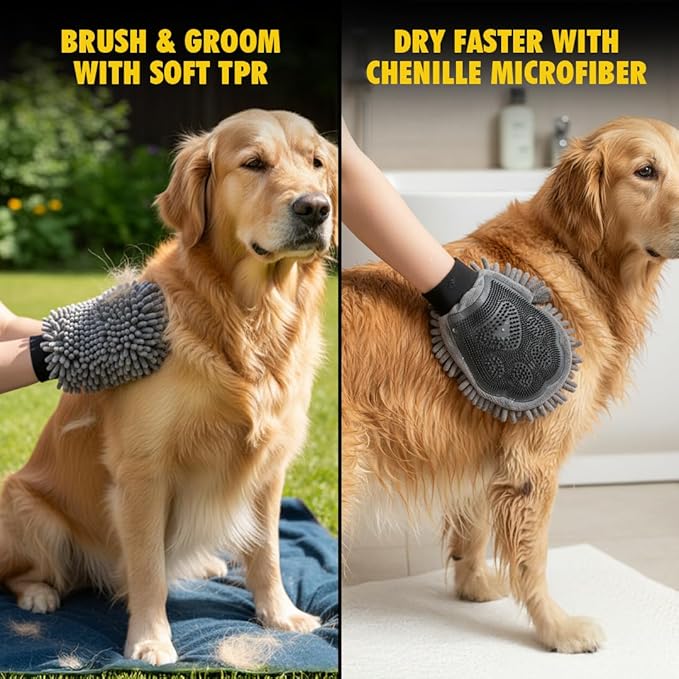 Muddy Mat® Dog Washing Gloves – Dual-Sided Pet Grooming Mitt with TPR Brush & Chenille Microfiber – Dog Wash Mitt for Bathing, Drying & Dirt Removal – Pet Bath Gloves for All Coat Types