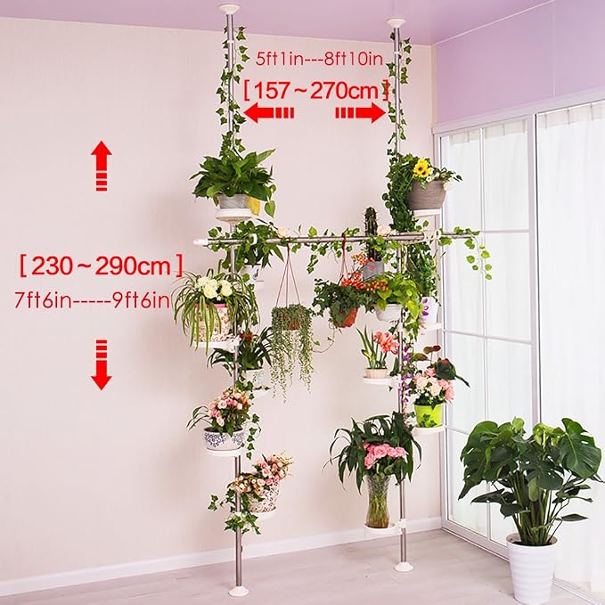 BAOYOUNI Spring Tension Pole Plant Stand, 12 Trays Metal Flower Rack，Ivory | Corner Floral Pot Storage Shelf Space Saver with Adjustable Height & 2 Hooks for Home Garden Decor