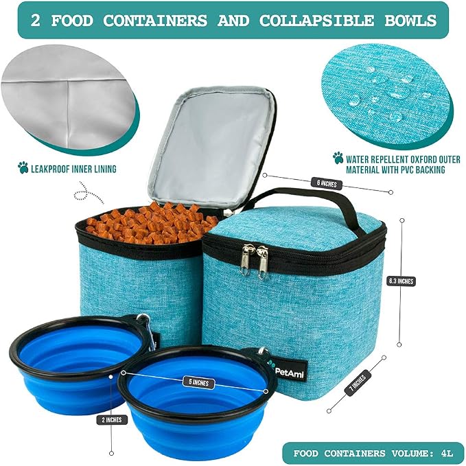 PetAmi Dog Travel Backpack 27L Airline Approved Pet Supplies Bag, Teal Blue | Cat Traveling Suitcase Organizer for Weekend Road Trip Camping; 2 Food Containers, 2 Collapsible Bowls & Poop Bag Dispenser