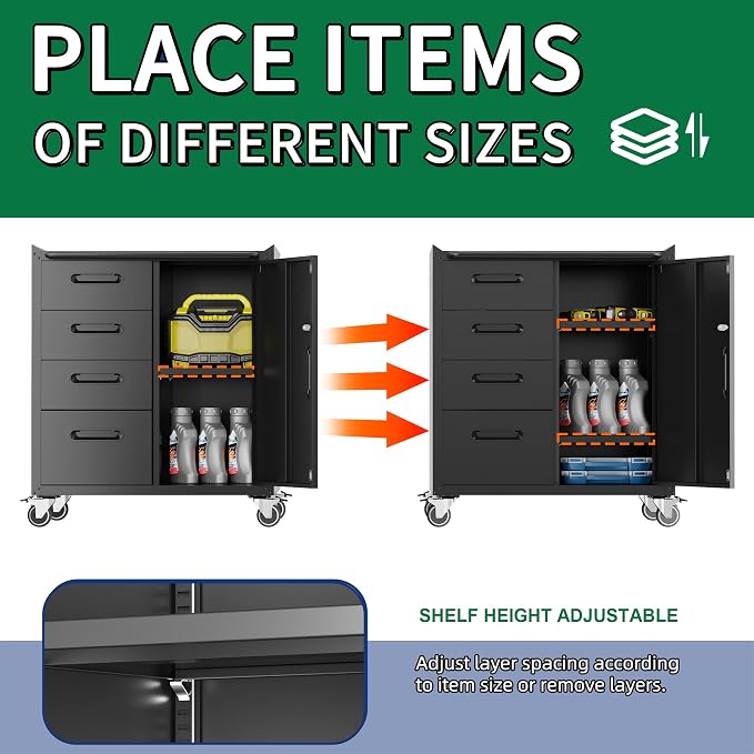 Metal Garage Storage Cabinets System, 5-Pcs Workshop Tool Cabinet Set,Black | Including 3 Pcs Wall Cabinets 2 Pcs Garage Tool Cabinets with Wheels,Assembly Required
