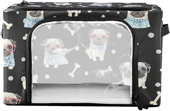 Cute Pets Pugs Black print Under Bed Storage Containers with Double Zipper Openings, Foldable Clothes Storage Bins with Clear Window and Handles for Blankets Bedding Comforters