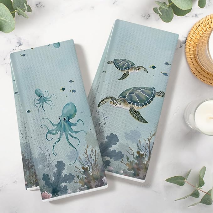 2PCS Vintage Octopus Sea Turtle Kitchen Towels 14x24 Inch, Absorbent Microfiber Decorative Dish Cloth Tea Towel, Ocean Theme Waffle Hand Towels for Kitchen Home Bathroom, Housewarming Gifts for Women