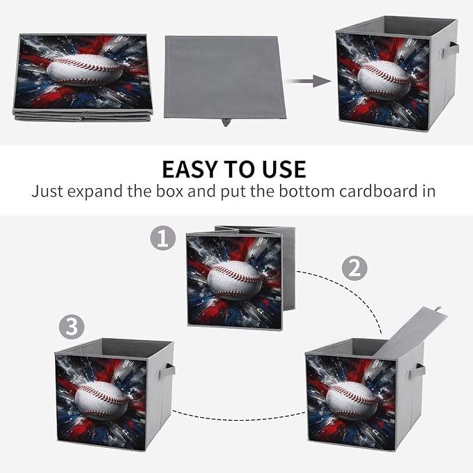 Baseball Explosion Art Design Storage Bin with Handles, Oxford Fabric Foldable Storage Cube Organizer for Clothes, Towels, Bedroom, Living Room, Home Organization