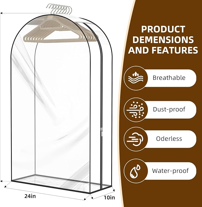 Clear Garment Bags for Hanging Clothes, 4-Pack, 2x32"+2x40" | Upgraded thickened clear garment bags with 10" gusset for closet storage of shirts, coats, dresses