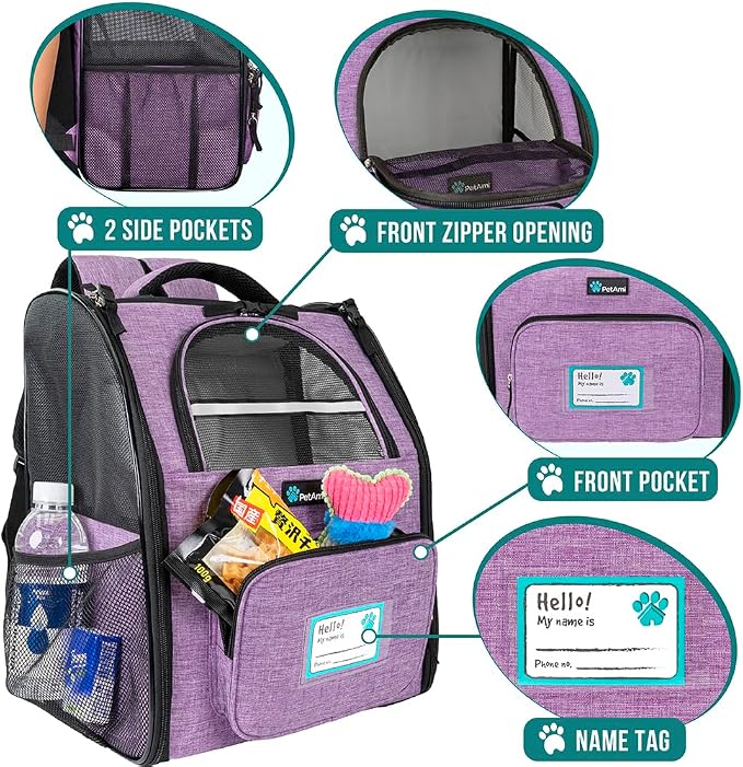 PetAmi Dog Backpack Carrier Airline Approved Cat Pet Puppy Bag, Purple | Ideal for Small Medium Large Pet up to 18 lb, 2 Side Entry Structured No-Collapse Frame, Ventilated Bookbag for Hiking Travel