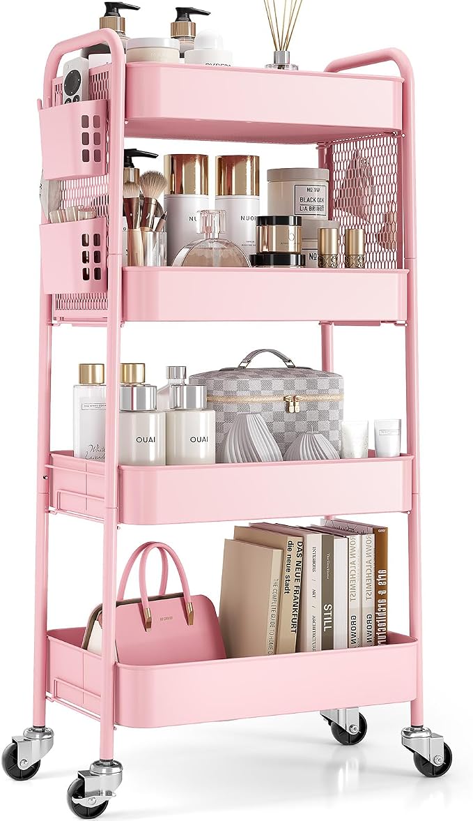TOOLF 4 Tier Rolling Cart, Metal Utility Storage Cart with Pegboard, Pink | 2 Bins & 4 Hooks, Screwless Assembly, Lockable Wheels, Trolley Organizer for Bathroom, Kitchen, Office, Dorm, Craft Room