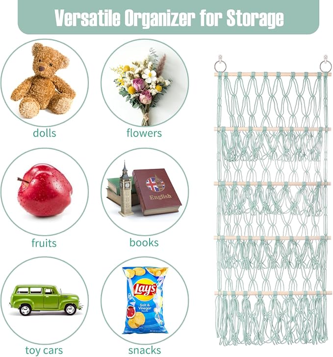 Stuffed Animal Net or Hammock Large Plushie Net Corner 4 Layer Toy Storage | Handmade Stuffed Animal Hammock Net with Boho Macrame Design Corner Organized Saves Space Holder Hanging for Plush Toys Green